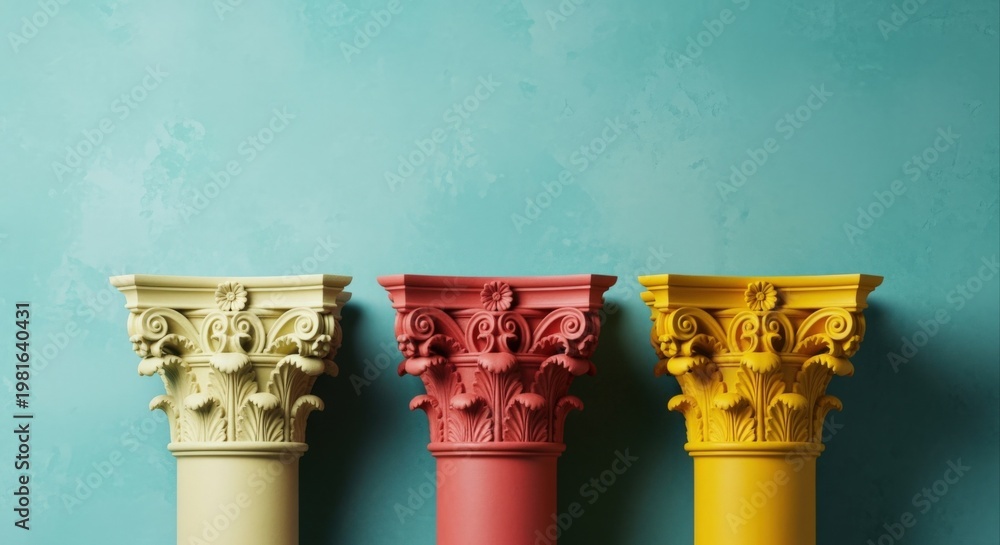 Fototapeta premium Three colorful ancient architectural columns stand against a textured turquoise wall, symbolizing support, history, and diversity