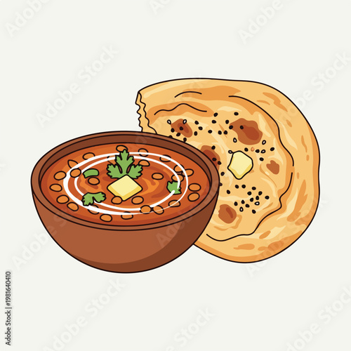 A bowl of dal makhani lentil soup served with a piece of warm, buttered naan
