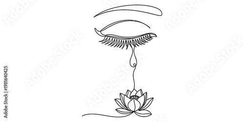 Minimalist continuous line art illustration of a closed eye shedding a tear onto a lotus flower