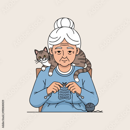An elderly woman with white hair in a bun knitting with a cat on her shoulders