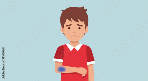 A sad young boy wearing a red shirt with a painful bruise on his forearm