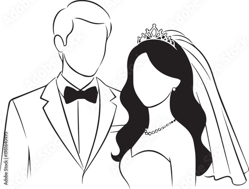 A black and white drawing of a bride and groom isolated on transparent background, Vector, illustration