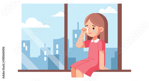 A sad young girl sits crying by a window overlooking a blue city landscape