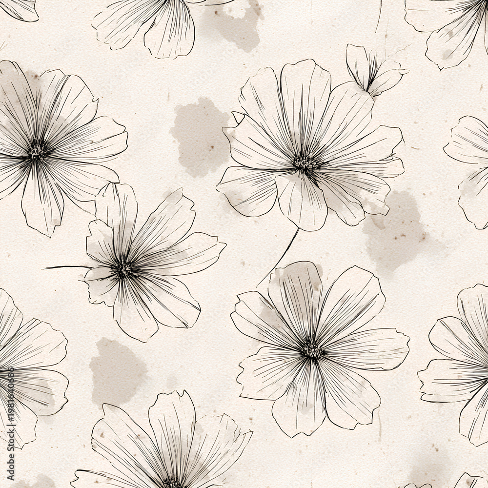 Fototapeta premium Sketchy floral pattern with hand drawn flowers and imperfect lines showcasing organic shapes and handmade artistic texture in repeating composition