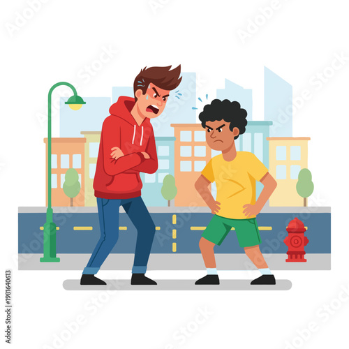 Two young boys standing on a city sidewalk having an intense, heated argument