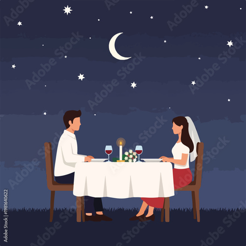 A newlywed couple enjoys a romantic candlelit dinner under a moonlit starry sky