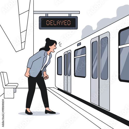 An angry woman standing on a platform yells at a delayed subway train arrival