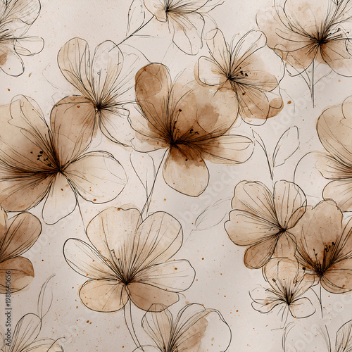 Sketchy floral pattern with hand drawn flowers and imperfect lines showcasing organic shapes and handmade artistic texture in repeating composition