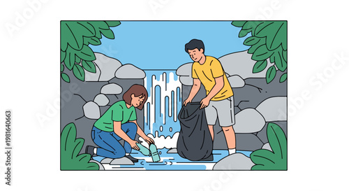 A woman and man collecting plastic waste from a waterfall in a natural setting