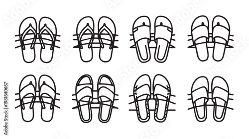 Collection of Assorted Flip Flops and Sandals in Outline Style on White Background