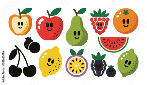 Cute colorful cartoon fruits with happy faces vector illustration collection set.