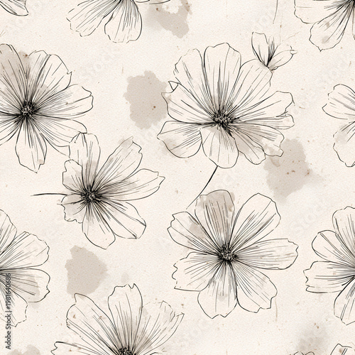 Sketchy floral pattern with hand drawn flowers and imperfect lines showcasing organic shapes and handmade artistic texture in repeating composition