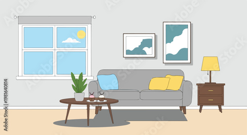 A cozy living room with a grey sofa, colorful pillows, and a window with sun