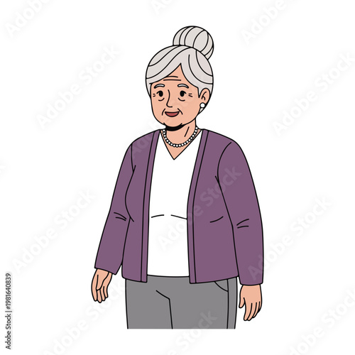 An elderly woman with white hair in a bun wears a purple cardigan and necklace