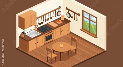 An isometric view of a cozy wooden kitchen interior with a dining table and oven