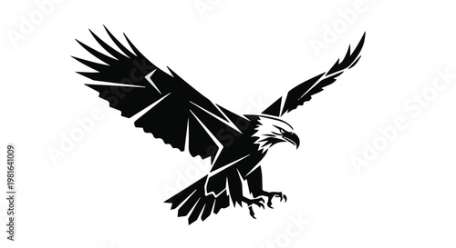 Eagle in flight depicted with sharp geometric lines and high contrast serves as a powerful symbol of freedom, strength, precision, and majesty found within the untamed natural wilderness world.