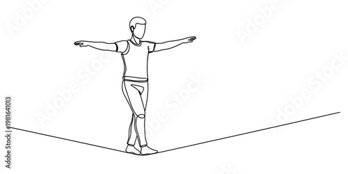 A continuous line drawing of a man balancing carefully while walking on a tightrope in the air