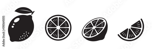 Lemon icon set with whole fruit and half slice plus wedge element in solid black graphic silhouette style.
