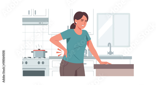 A woman in a kitchen holds her back with a pained expression due to discomfort