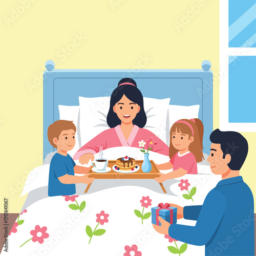 A happy family surprises a mother in bed with breakfast and a gift at home