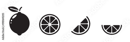 Minimalist lemon silhouette icon collection with whole fruit plus sliced segments in clean black and white.