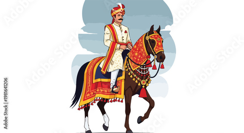 A regal man in traditional wedding attire riding a decorated horse illustration