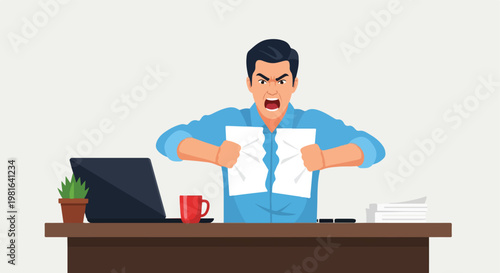 A frustrated man sitting at his desk tearing a sheet of paper in two in anger