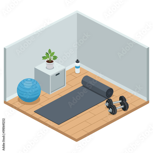 An isometric view of a home gym room featuring a yoga mat, dumbbells, and ball