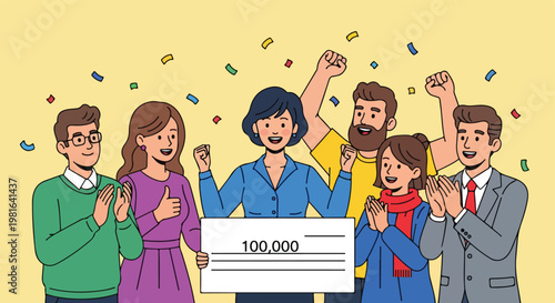 A group of diverse people cheering and holding a large check for one hundred grand
