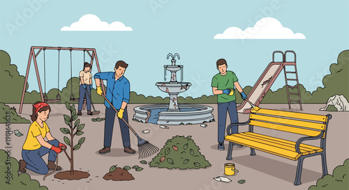 A group of volunteers works together to clean up and repair a local park area