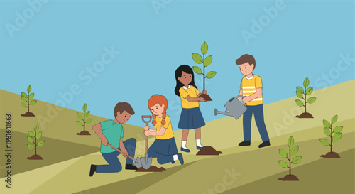 Diverse children planting young trees and watering them in a grassy field outside