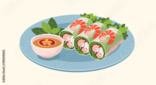 Three fresh Vietnamese spring rolls with shrimp, greens and a side dipping sauce