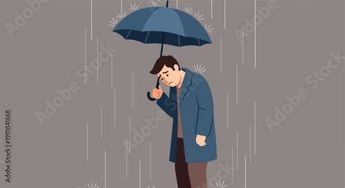 A sad man walks alone under a blue umbrella during a heavy rainstorm