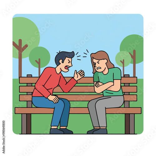 An angry couple sits on a park bench having a heated argument in a flat style