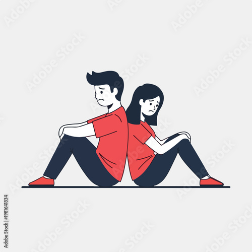 A sad man and woman sitting back to back in a line art style illustration