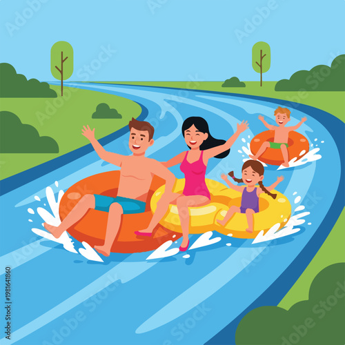 A family having fun floating down a water slide in colorful inflatable tubes