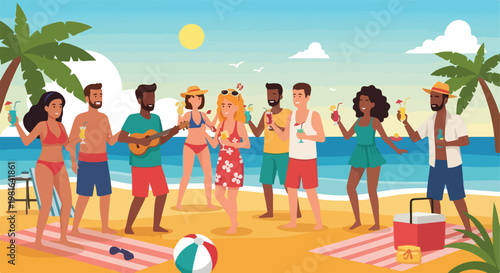 A diverse group of friends enjoy a lively beach party with drinks and music