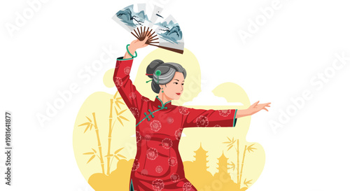 A senior woman in traditional red dress performing a dance with a hand held fan