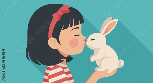 A young girl wearing a red headband kissing a small, cute white pet rabbit