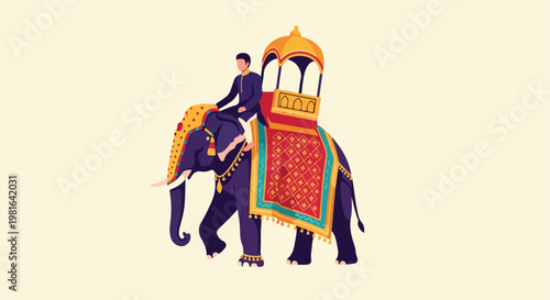 A man in traditional clothing rides an ornate elephant with a decorative canopy