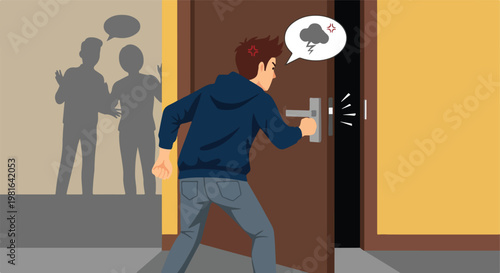 An angry man storms out of a room while others talk in the background shadow