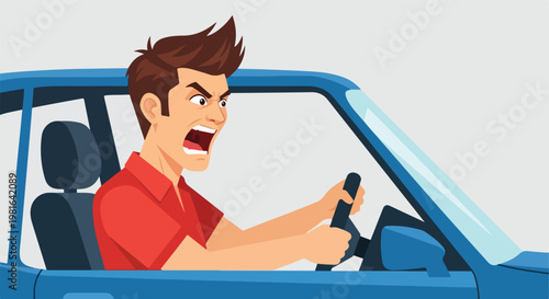 A cartoon man in a red shirt driving a blue car while appearing very angry