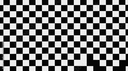 Minimalist black-and-white checkerboard grid with missing squares at bottom corner, creating irregular disruption in symmetry and visual balance.