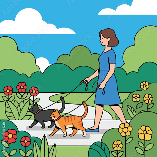 A woman in a blue dress walks two pet cats on leashes along a garden path