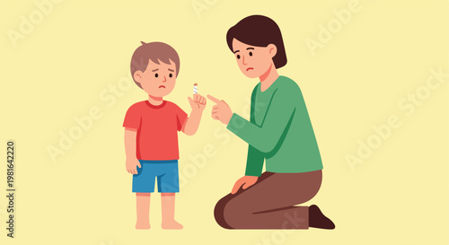A concerned mother looks at her young son's bandaged finger with empathy