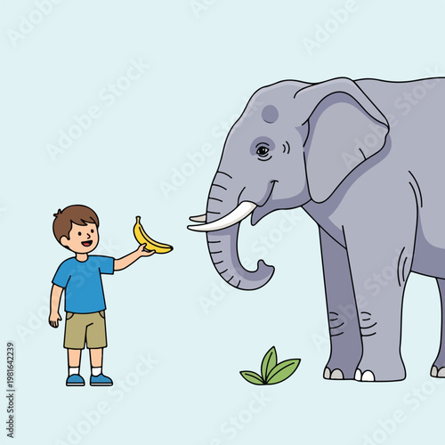 A cheerful boy holds a yellow banana to feed a large gray elephant in cartoon