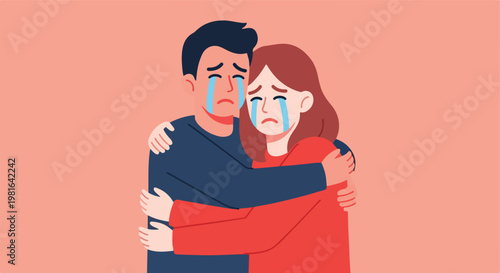 A man and a woman in a red shirt hugging each other and crying together