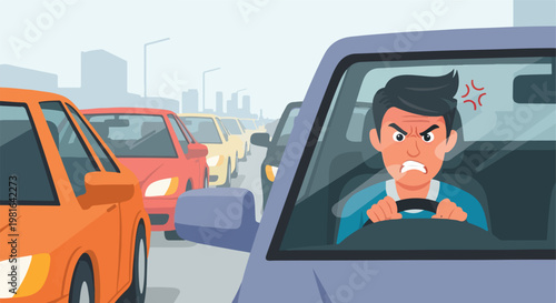A frustrated man driving a car trapped in a long line of heavy city traffic jam