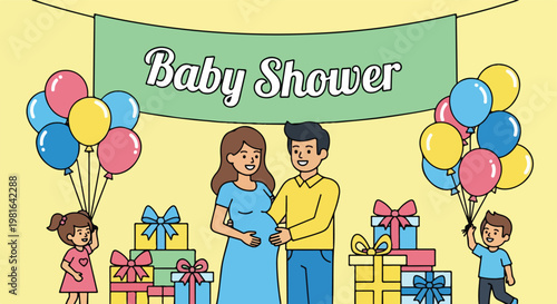 A pregnant couple with children, balloons, and gifts at a baby shower party event