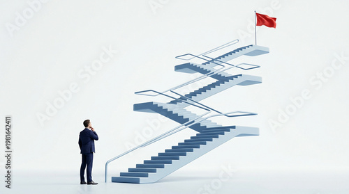Businessman looking at chaotic staircase with flag isolated on transparent background